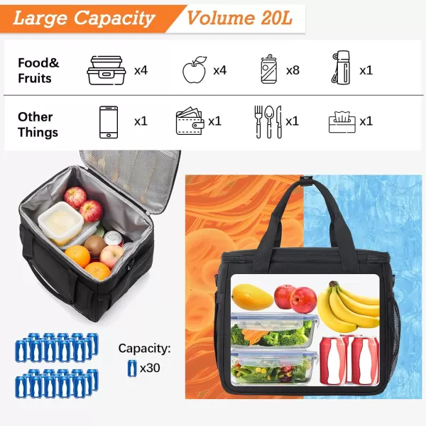 BOSTANTEN Cooler Bag, 30 Cans 20L Collapsible Soft Cooler Bag, Leakproof Beach Cooler Bag Portable Ice Chest with Bottle Opener, Insulated Lunch Bag for Picnic, Beach, Camping, Travel, Work, Black