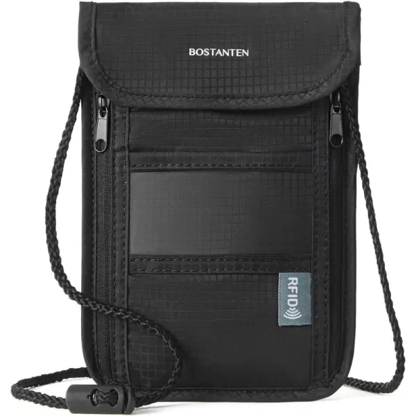BOSTANTEN Travel Passport Wallet RFID Blocking Passport Holder Neck Pouch for Women and Men with Adjustable Strap Black
