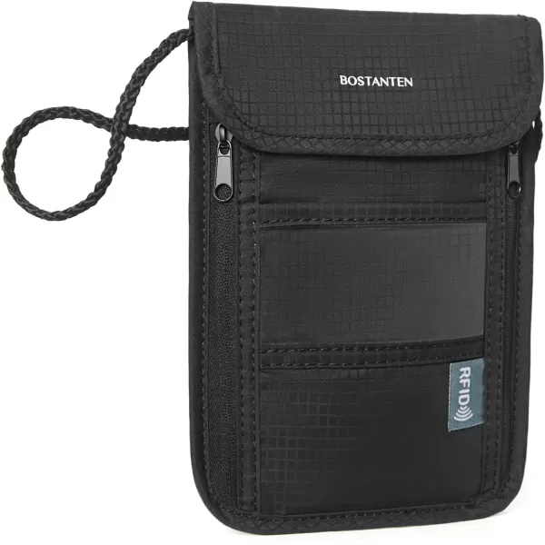 BOSTANTEN Travel Passport Wallet RFID Blocking Passport Holder Neck Pouch for Women and Men with Adjustable Strap Black