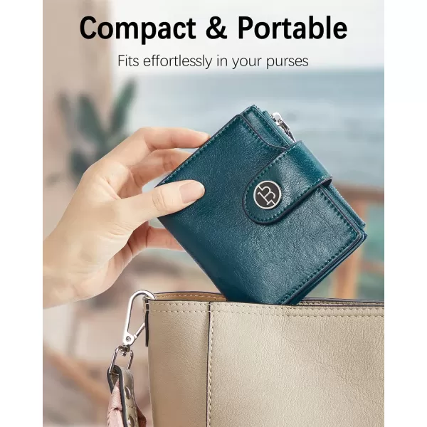 BOSTANTEN Women Leather Wallet Small RFID Blocking Bifold Zipper Pocket Wallet Card Case with ID Window Peacock Blue