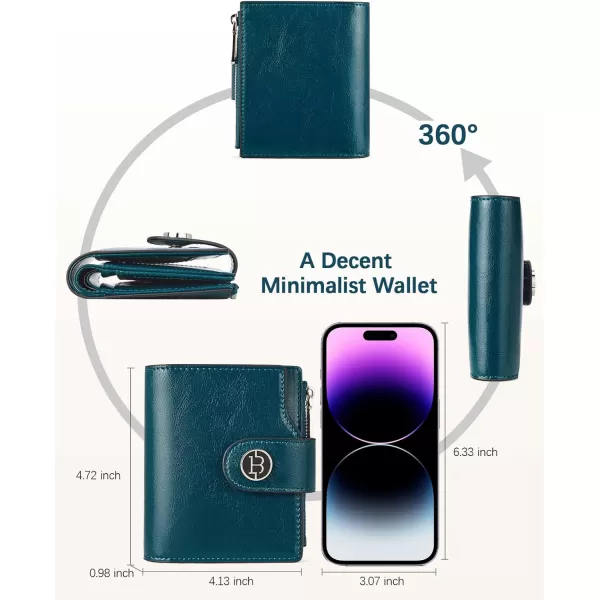 BOSTANTEN Women Leather Wallet Small RFID Blocking Bifold Zipper Pocket Wallet Card Case with ID Window Peacock Blue