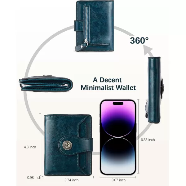 BOSTANTEN Women Leather Wallet Small RFID Blocking Bifold Zipper Pocket Wallet Card Case with ID Window Peacock Blue