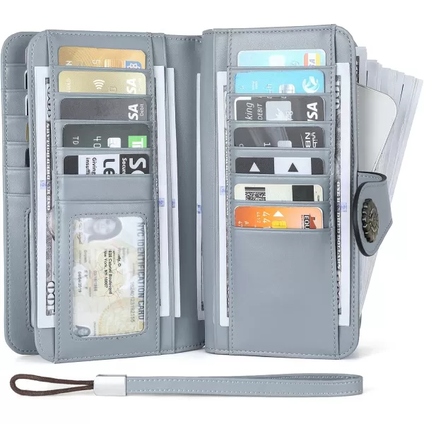 BOSTANTEN Womens Wallet Genuine Leather Large Capacity Wristlet Clutch Purse Credit Card Holder with RFID Blocking Grey Blue