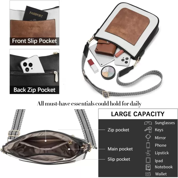 imageBOSTANTEN Crossbody Bags for Women Trendy Vegan Leather Hobo Handbags Fashion Shoulder Purse with Adjustable Guitar StrapA08black With Brown With White