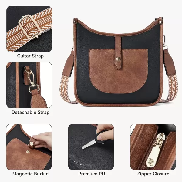 imageBOSTANTEN Crossbody Bags for Women Trendy Vegan Leather Hobo Handbags Fashion Shoulder Purse with Adjustable Guitar StrapB02black With Brown