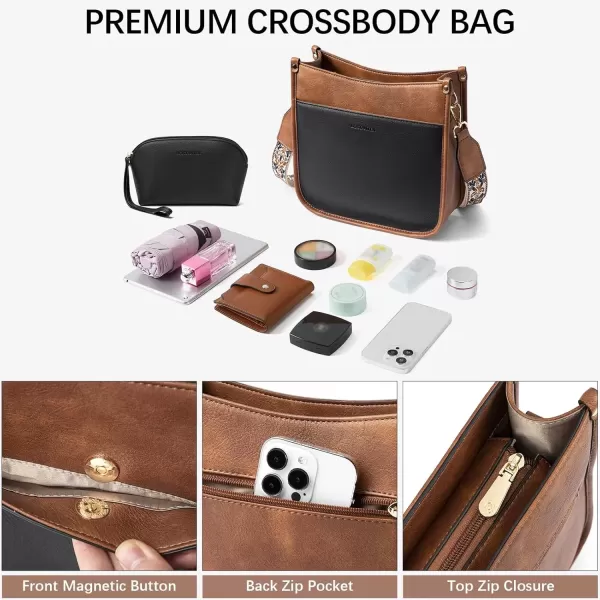 imageBOSTANTEN Crossbody Bags for Women Trendy Vegan Leather Hobo Handbags Fashion Shoulder Purse with Adjustable Guitar StrapD08black With Brown
