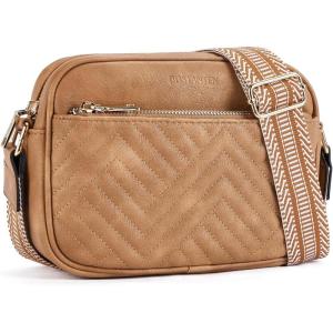 imageBOSTANTEN Quilted Crossbody Bags for Women Vegan Leather Purses Small Shoulder Handbags with Wide StrapCamel Brown