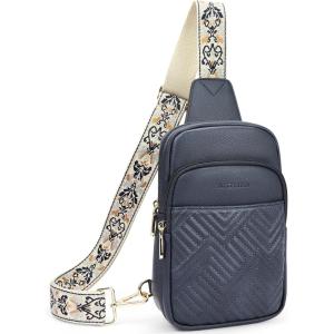 imageBOSTANTEN Sling Bag Quilted Crossbody Bags for Women Cross Body Purse Leather Fanny Pack with Adjustable Guitar StrapAblue
