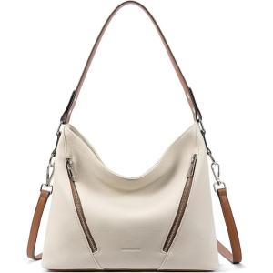imageBOSTANTEN Women Purse and Handbag Vegan Leather Shoulder Hobo Bags with Multi Pockets and Removable StrapBeige With Brown