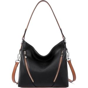 imageBOSTANTEN Women Purse and Handbag Vegan Leather Shoulder Hobo Bags with Multi Pockets and Removable StrapBlack With Brown