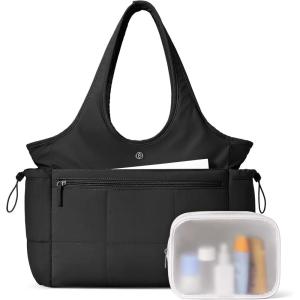 imageBOSTANTEN Puffer Tote Bag for Women Travel Tote Bag with Trolley Sleeve Lightweight Quilted Laptop Nurse Bag with ZipperBlack