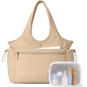 imageBOSTANTEN Puffer Tote Bag for Women Travel Tote Bag with Trolley Sleeve Lightweight Quilted Laptop Nurse Bag with ZipperKhaki