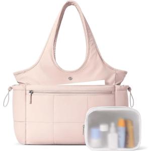 imageBOSTANTEN Puffer Tote Bag for Women Travel Tote Bag with Trolley Sleeve Lightweight Quilted Laptop Nurse Bag with ZipperPink