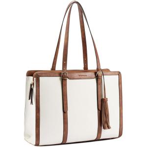 imageBOSTANTEN Laptop Tote Bag for Women Work Bag Professional 156 inch Leather Briefcase Business Office Purse Shoulder BagBeige With Brown