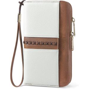 imageBOSTANTEN Wallets for Women Leather RFID Double Zipper Around Credit Card Holder Large Capacity Wristlet Clutch WalletBeigebrown