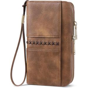 imageBOSTANTEN Wallets for Women Leather RFID Double Zipper Around Credit Card Holder Large Capacity Wristlet Clutch WalletBrown