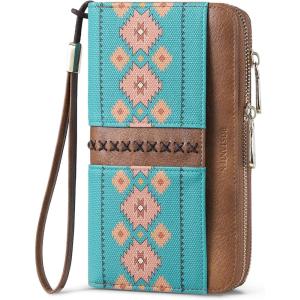 imageBOSTANTEN Wallets for Women Leather RFID Double Zipper Around Credit Card Holder Large Capacity Wristlet Clutch WalletGreenbrown Floral