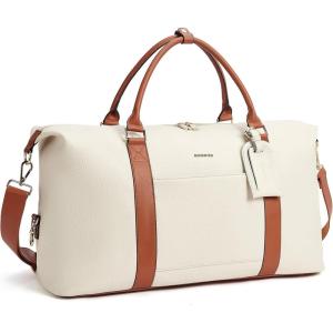 imageBOSTANTEN Weekender Bags for Women Leather Duffle Bag for Travel Overnight Duffel Carry on Large Tote with Trolley Sleeve and Luggage TagBeigeBrown
