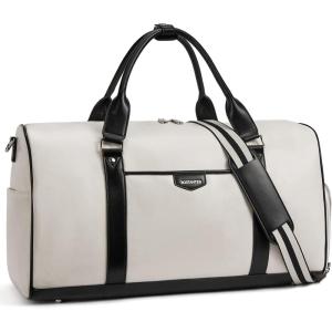imageBOSTANTEN Weekender Bags for Women Leather Duffle Bag for Travel Overnight Duffel Carry on Large Tote with Trolley Sleeve and Luggage TagWhite  Black