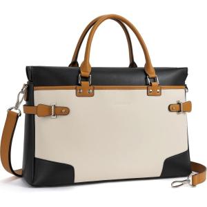 imageBOSTANTEN Womens Briefcase Leather Laptop Bag for Women 156 inch Computer Bag Messenger Business Work ToteBeige With Black