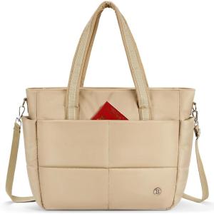 imageBOSTANTEN Puffer Tote Bags for Women Quilted Travel Tote Bag with Trolley Sleeve Large Laptop Nurse with Zipper for WorkKhaki