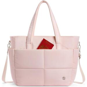 imageBOSTANTEN Puffer Tote Bags for Women Quilted Travel Tote Bag with Trolley Sleeve Large Laptop Nurse with Zipper for WorkPink