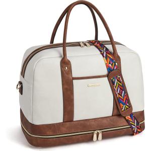 imageBOSTANTEN Weekender Bags for Women Leather Travel Duffle Bag Carry On Large Tote Duffel with Shoe Compartment and Trolley Sleeve0Beige with Brown
