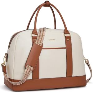 imageBOSTANTEN Weekender Bags for Women Leather Travel Duffle Bag Carry On Large Tote Duffel with Shoe Compartment and Trolley SleeveABeigeBrown