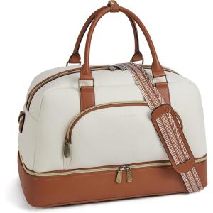 imageBOSTANTEN Weekender Bags for Women Leather Travel Duffle Bag Carry On Large Tote Duffel with Shoe Compartment and Trolley SleeveBBeigeBrown