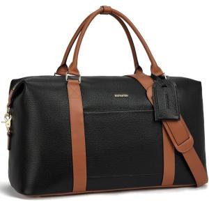 imageBOSTANTEN Weekender Bags for Women Leather Duffle Bag for Travel Overnight Duffel Carry on Large Tote with Trolley Sleeve and Luggage TagBlack