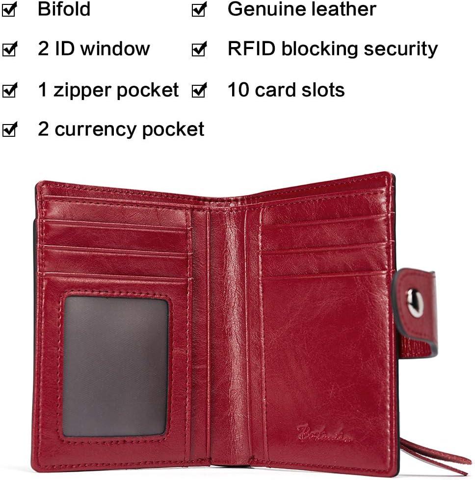 imageBOSTANTEN Women Leather Wallet RFID Blocking Small Bifold Zipper Pocket Wallet Card Case Purse with ID Window1awine red