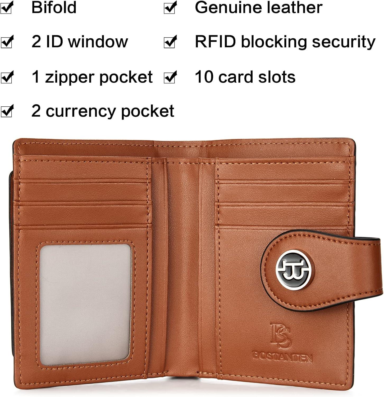 imageBOSTANTEN Women Leather Wallet RFID Blocking Small Bifold Zipper Pocket Wallet Card Case Purse with ID WindowBeigeBrownnew