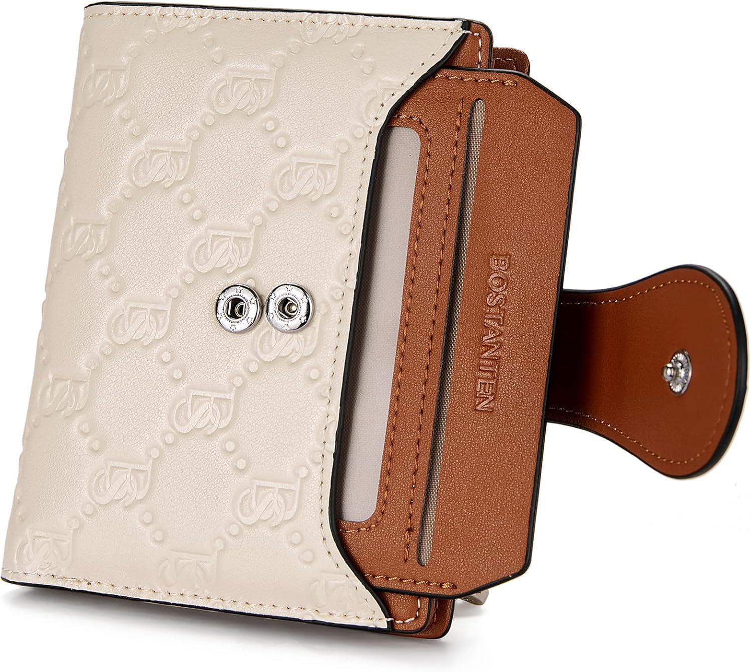 imageBOSTANTEN Women Leather Wallet RFID Blocking Small Bifold Zipper Pocket Wallet Card Case Purse with ID WindowBeigeBrownnew