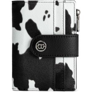 imageBOSTANTEN Small Wallet for Women Leather RFID Blocking Card Holder Bifold Compact Wallets With Zipper Coin Pocket BlackBrownWhite Cow Print