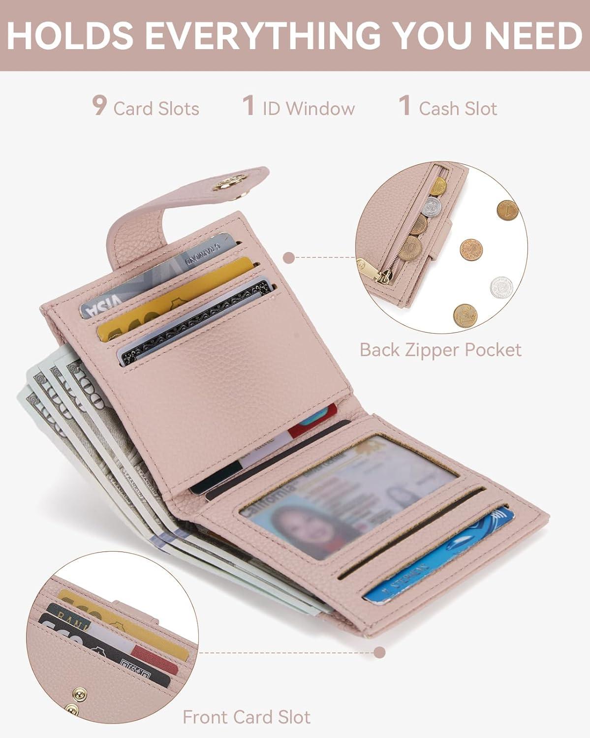 imageBOSTANTEN Slim Wallet for Women Small RFID Blocking Credit Card Holder Leather Bifold Wallets with Zipper Coin Pocket BlackPink