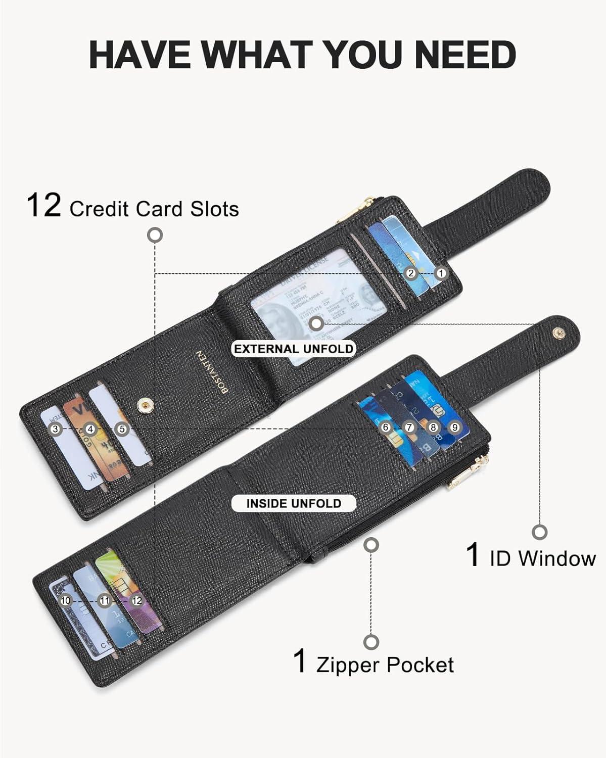 imageBOSTANTEN Slim Wallet for Women Small RFID Blocking Credit Card Holder Leather Bifold Wallets with Zipper Coin Pocket BlackSBlack