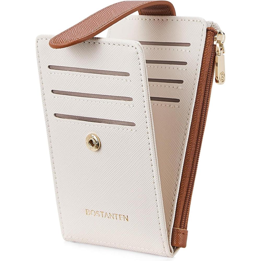 imageBOSTANTEN Slim Wallet for Women Small RFID Blocking Credit Card Holder Leather Bifold Wallets with Zipper Coin Pocket BlackSBeigeBrown