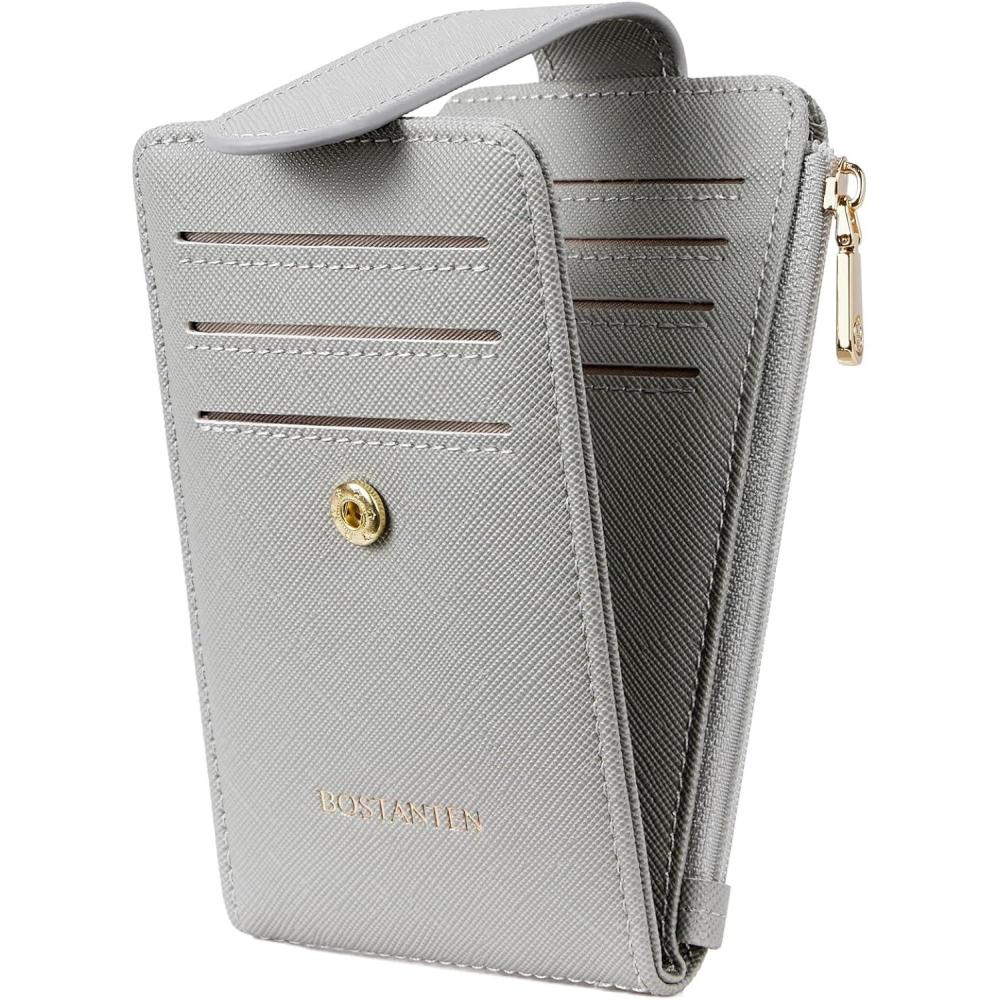imageBOSTANTEN Slim Wallet for Women Small RFID Blocking Credit Card Holder Leather Bifold Wallets with Zipper Coin Pocket BlackSGrey