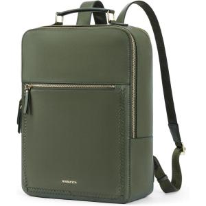 imageBOSTANTEN Leather Backpack 156 inch Laptop Bag Travel Casual Computer Backpack College Business Work Shoulder Bags with Trolley Sleeve for Women Men BrownOlive Green