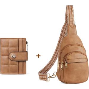 imageBOSTANTEN Small Sling Bag for Women Leather Crossbody Bags ampamp Small Wallet for Women Leather RFID Blocking Card Holder Bifold Compact Wallets With Zipper Coin Pocket Camel
