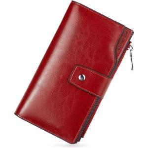 imageBOSTANTEN Womens Leather Wallets RFID Blocking Large Capacity Trifold Card Holder Ladies Phone Clutch BrownCRose Red