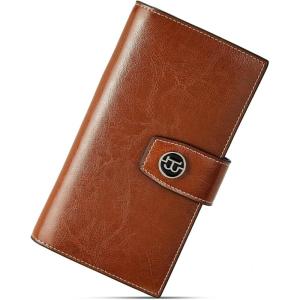 imageBOSTANTEN Womens Leather Wallets RFID Blocking Large Capacity Trifold Card Holder Ladies Phone Clutch BrownDBrown Red