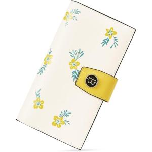 imageBOSTANTEN Womens Leather Wallets RFID Blocking Large Capacity Trifold Card Holder Ladies Phone Clutch BrownDYellow Floral