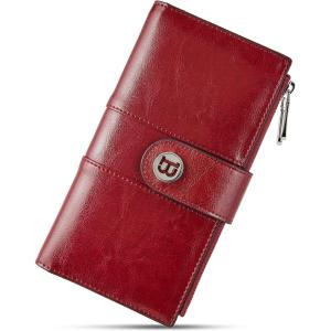 imageBOSTANTEN Womens Leather Wallets RFID Blocking Large Capacity Trifold Card Holder Ladies Phone Clutch BrownFWine RedDouble Zipper