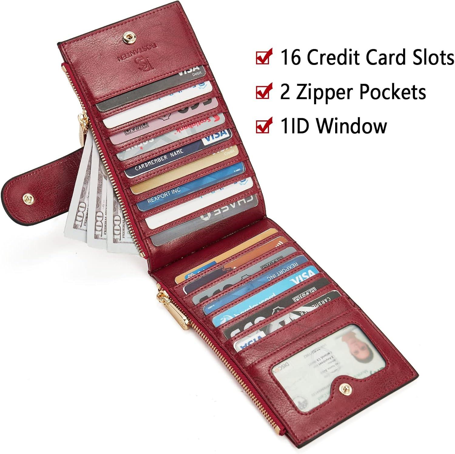 imageBOSTANTEN Leather Wallets for Women Large RFID Blocking Slim Bifold Purse Card Holder with Zipper Pocket5WineRed