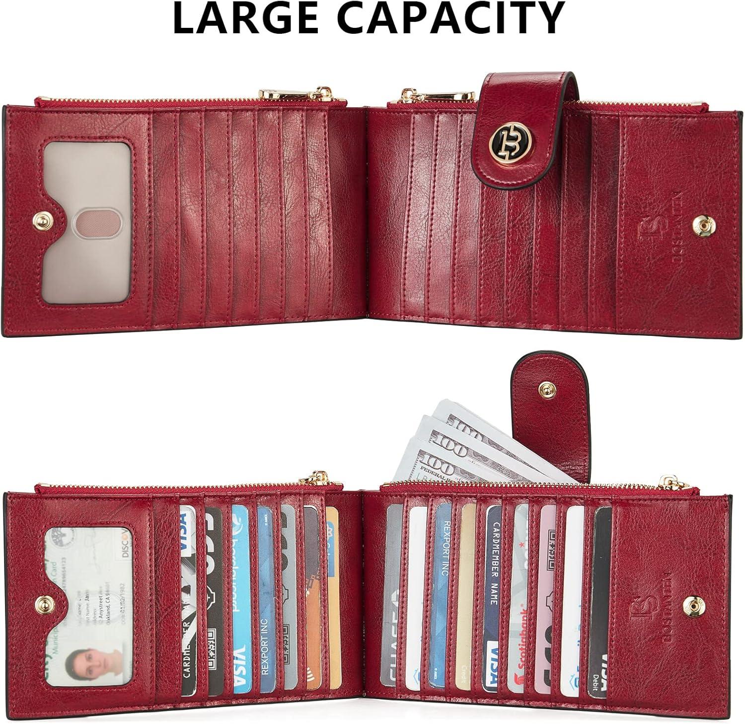 imageBOSTANTEN Leather Wallets for Women Large RFID Blocking Slim Bifold Purse Card Holder with Zipper Pocket5WineRed