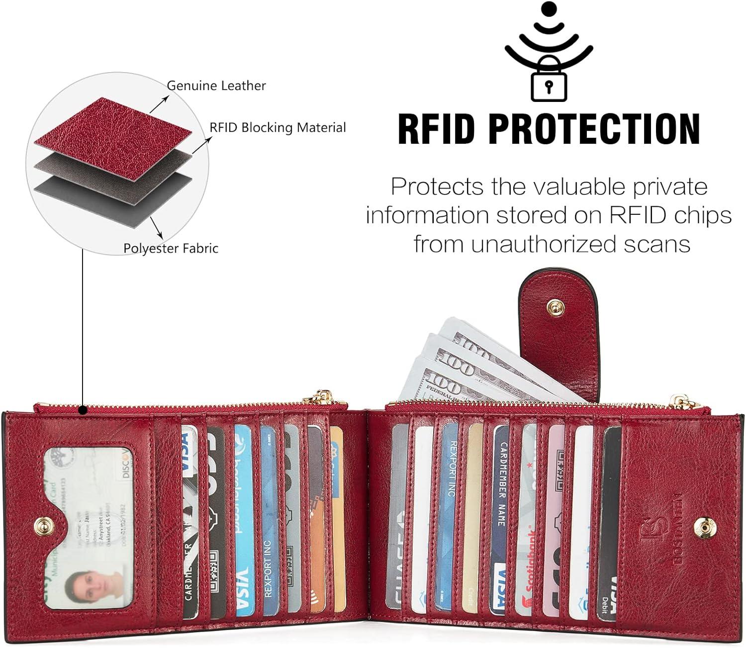 imageBOSTANTEN Leather Wallets for Women Large RFID Blocking Slim Bifold Purse Card Holder with Zipper Pocket5WineRed