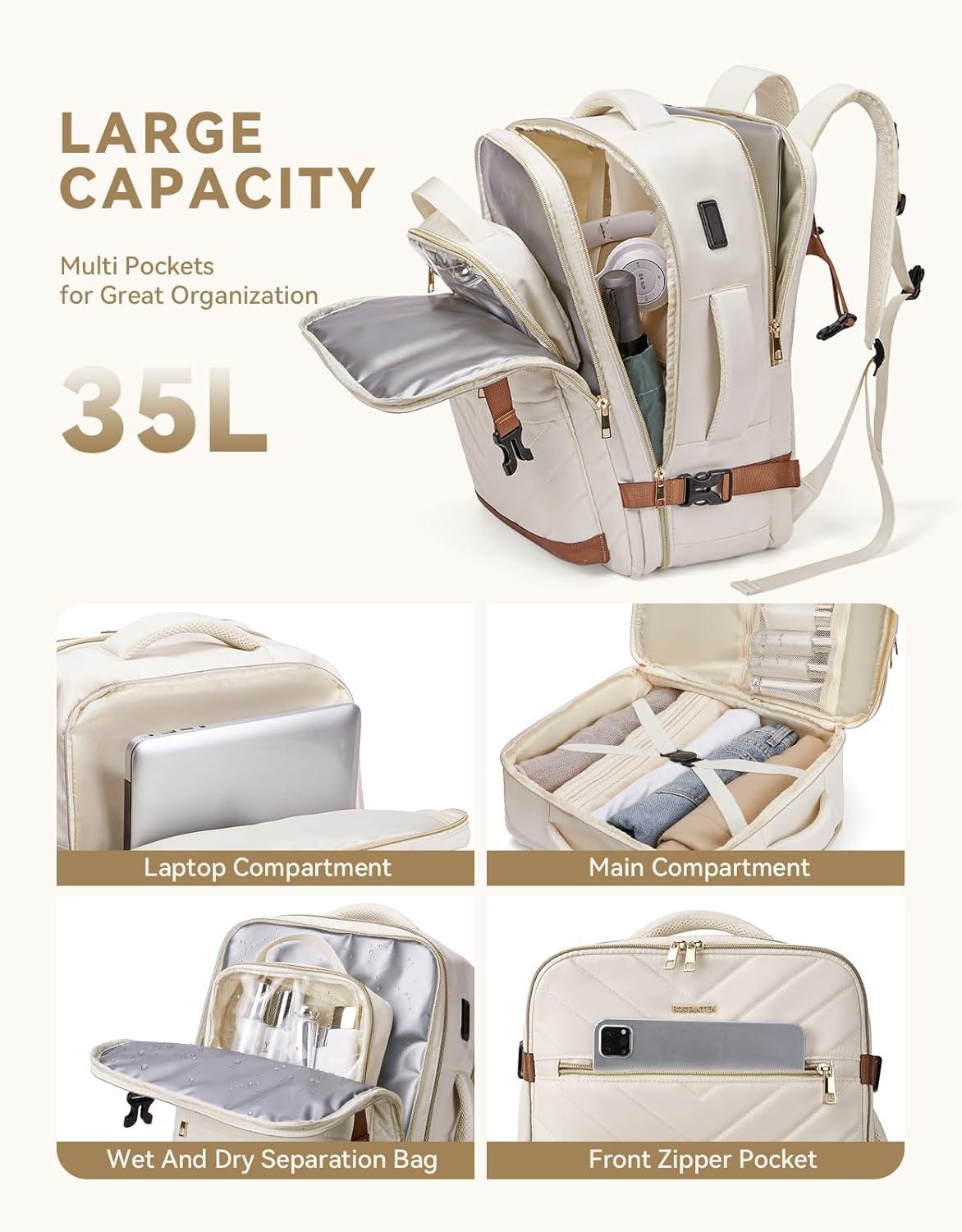 imageBOSTANTEN Travel Backpack For Women TSA Carry On Backpack for Airplanes Personal Item Backpack Fits 156 Inch Laptop with USBTypeC Charging Port Weekender Overnight Daypack with 2 Packing CubesBeigebrown3pcs