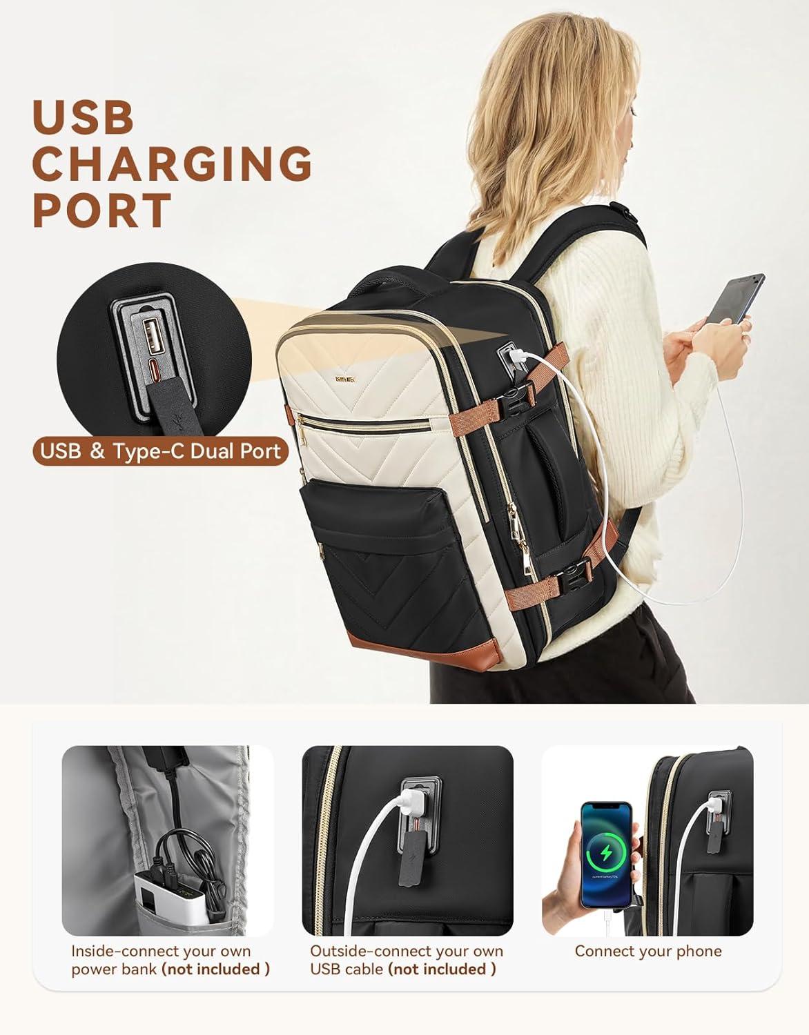 imageBOSTANTEN Travel Backpack For Women TSA Carry On Backpack for Airplanes Personal Item Backpack Fits 156 Inch Laptop with USBTypeC Charging Port Weekender Overnight Daypack with 2 Packing CubesBeigeblackbrown3pcs