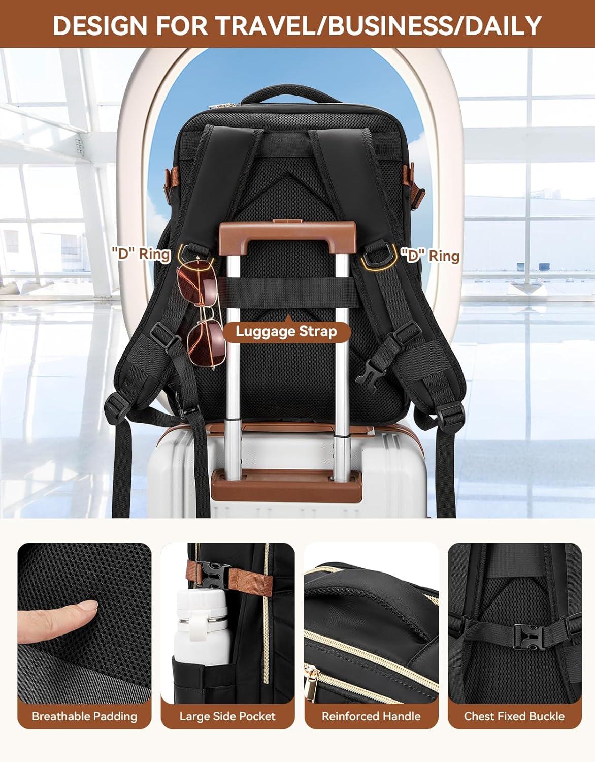 imageBOSTANTEN Travel Backpack For Women TSA Carry On Backpack for Airplanes Personal Item Backpack Fits 156 Inch Laptop with USBTypeC Charging Port Weekender Overnight Daypack with 2 Packing CubesBlackbrown3pcs